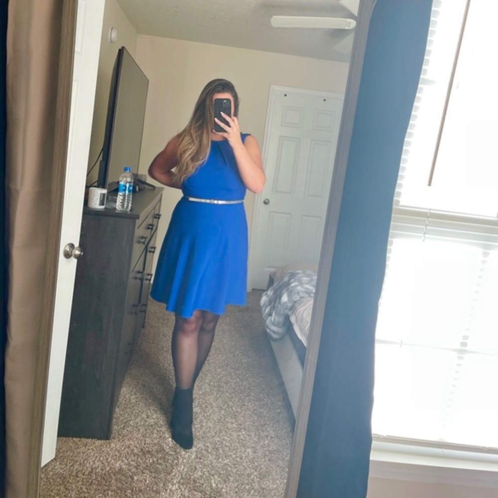Cobalt Blue Fit N Flare Sleeveless Dress w Intricate Pleated High Neckline 💙